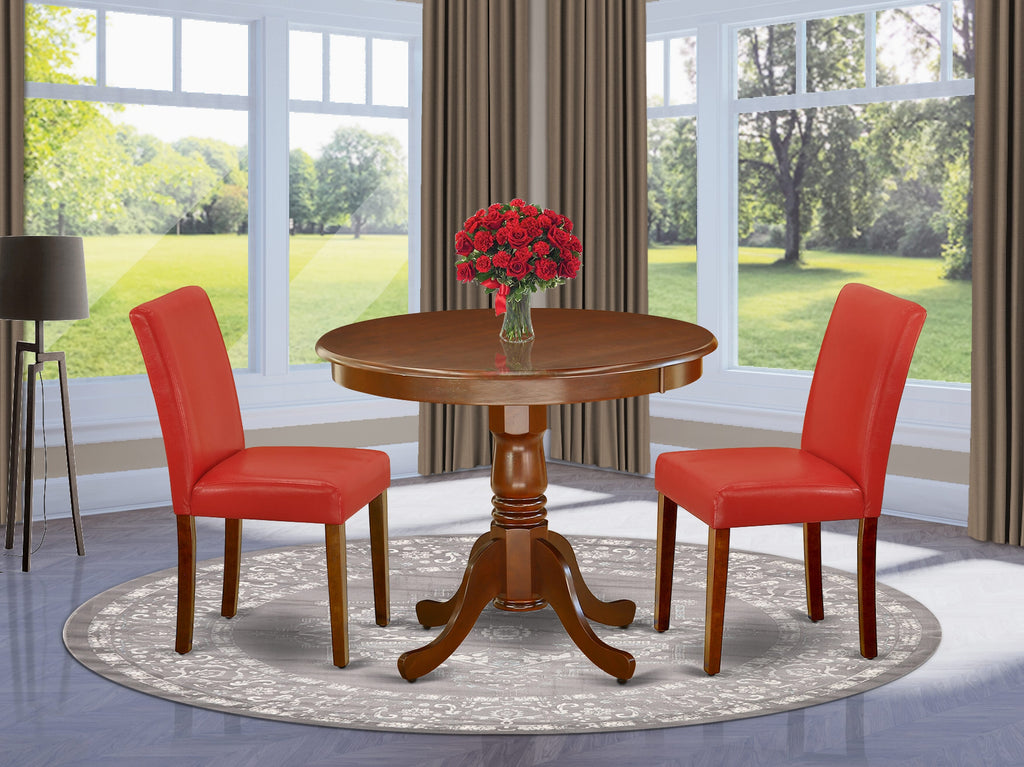 ANAB3-3BQ-U0 3 Piece Compact Dining Set with Round Pedestal Table and 2 Faux Leather Chairs in Firebrick Red, Mahogany Finish