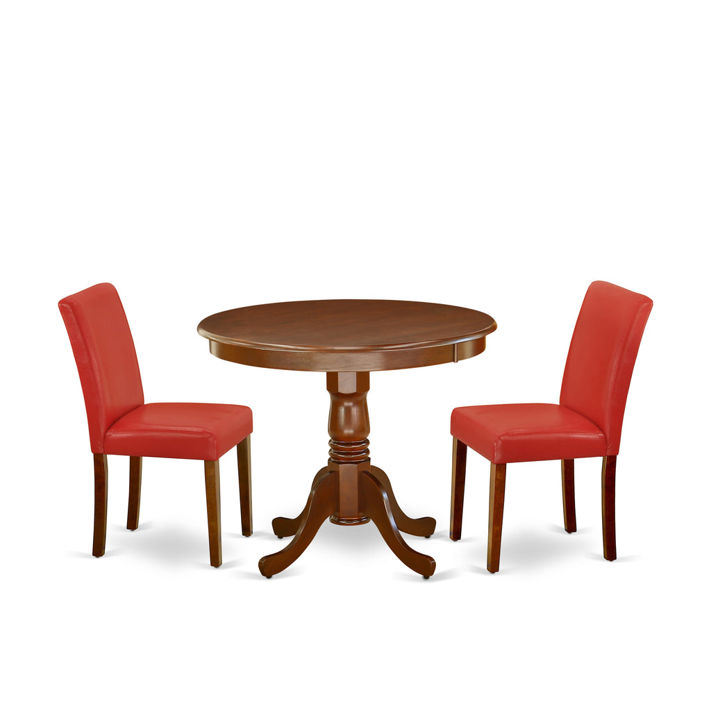ANAB3-3BQ-U0 3 Piece Compact Dining Set with Round Pedestal Table and 2 Faux Leather Chairs in Firebrick Red, Mahogany Finish