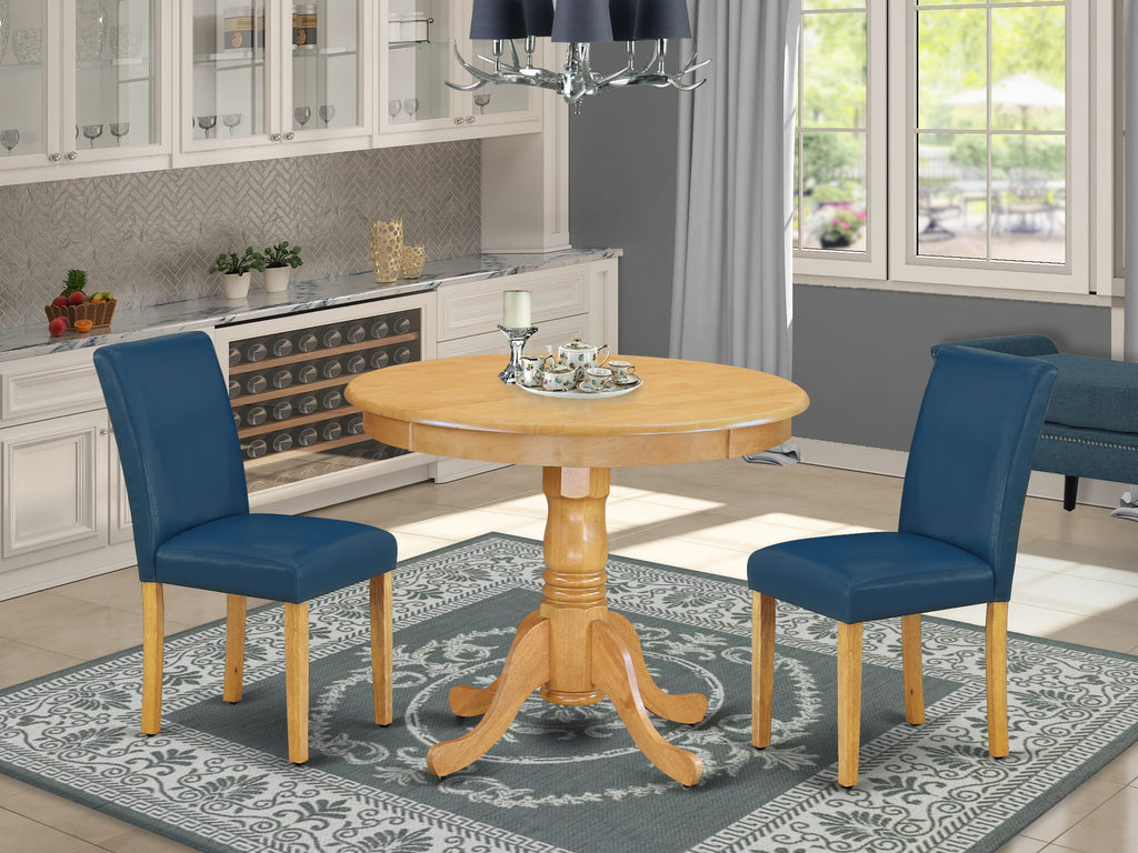 ANAB3-4P0-HK 3-Piece Dining Ensemble Round Table with Pedestal & Two Stylish Oasis Blue Faux Leather Chairs, 36-inch, Oak Finish