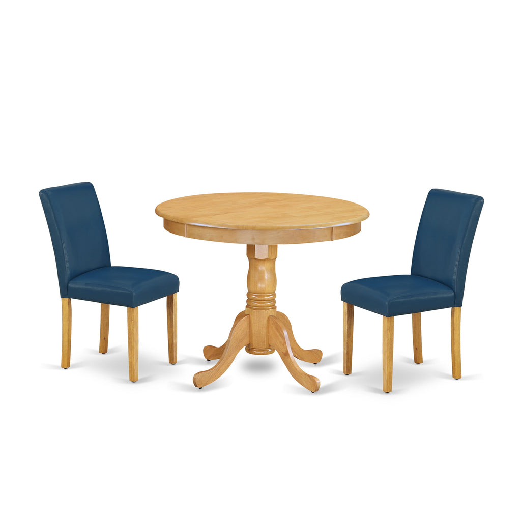 ANAB3-4P0-HK 3-Piece Dining Ensemble Round Table with Pedestal & Two Stylish Oasis Blue Faux Leather Chairs, 36-inch, Oak Finish