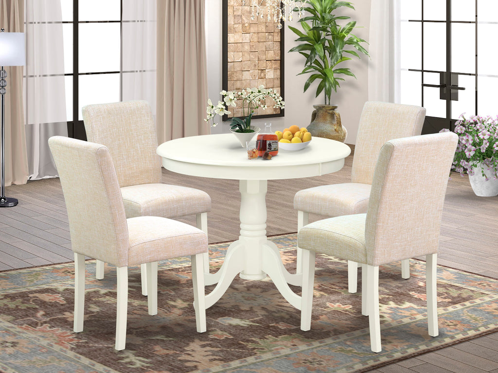 Enchanting Dining Ensemble ANAB5-GB1-WQ for Four with Chic Linen Upholstery, White Elegance, and a Round Pedestal Table
