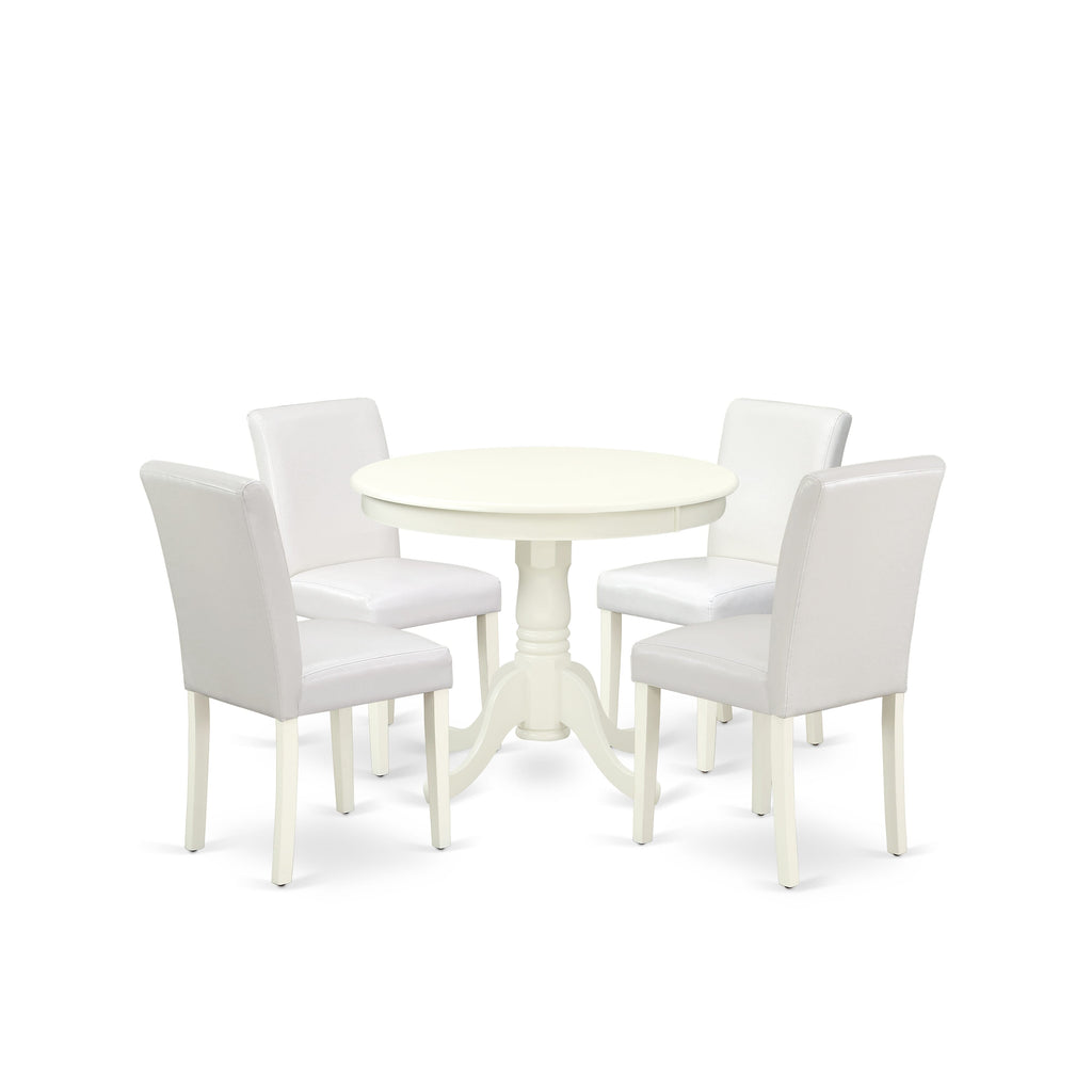 ANAB5-LAR-YI 5-Piece Dining Set with Round Kitchen Table & 4 Faux Leather Parson Chairs, 36x36 Linen White