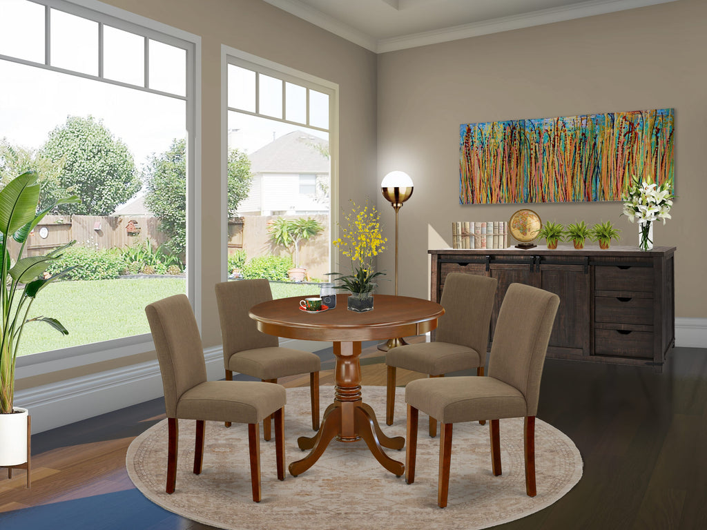 ANAB5-DGB-JP 5-Piece Dining Ensemble for 4 with Round Table & Linen Chairs in Dark Garnet Blend