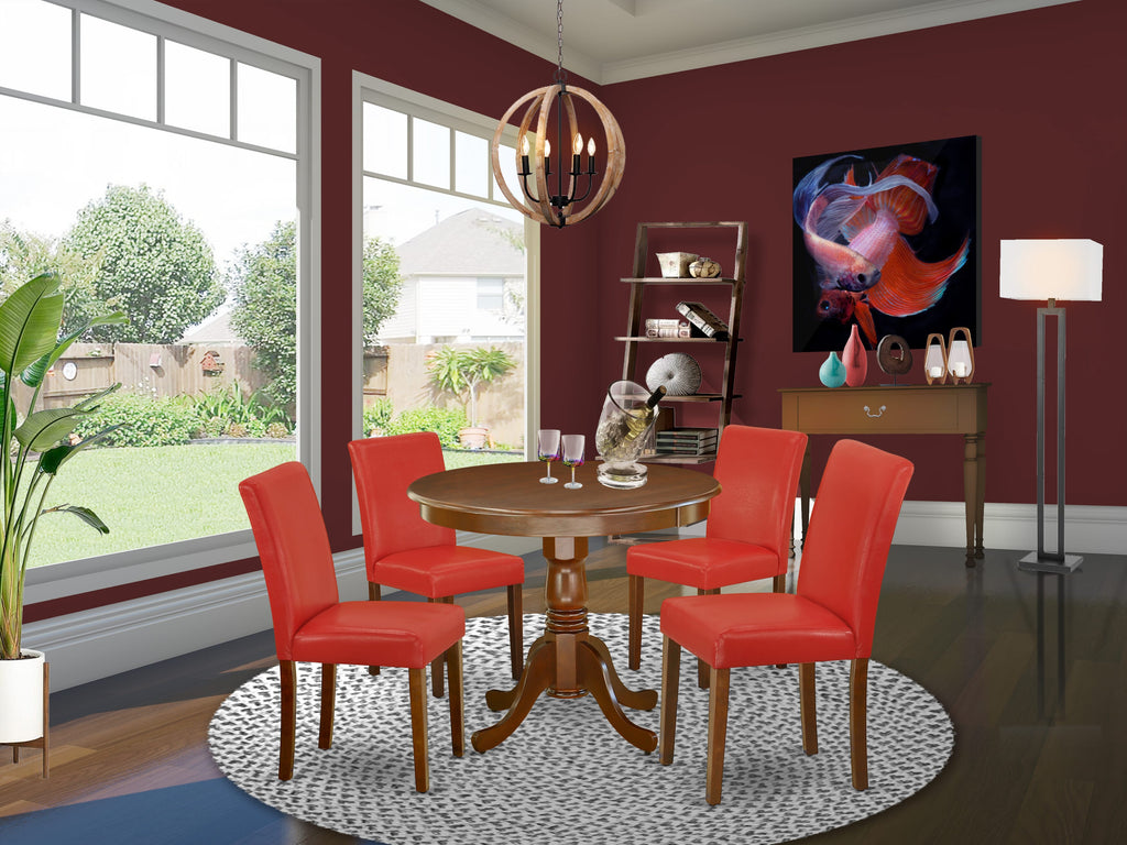 ANAB5-9DH-WW Stunning 5-Piece Round Dining Ensemble with Pedestal Table and Red Faux Leather Chairs