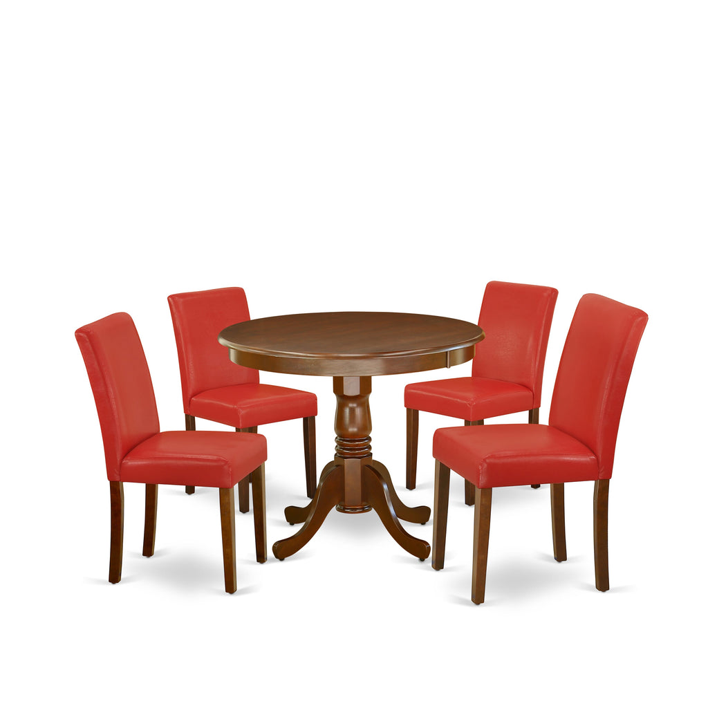 ANAB5-9DH-WW Stunning 5-Piece Round Dining Ensemble with Pedestal Table and Red Faux Leather Chairs