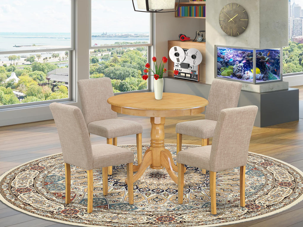 ANAB5-NDG-PE 5-Piece Dining Ensemble with Pedestal Table and Four Parson Chairs in Light Tan Linen