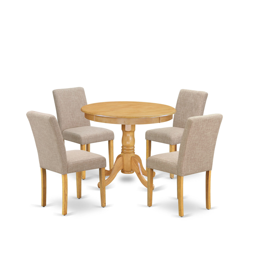 ANAB5-NDG-PE 5-Piece Dining Ensemble with Pedestal Table and Four Parson Chairs in Light Tan Linen