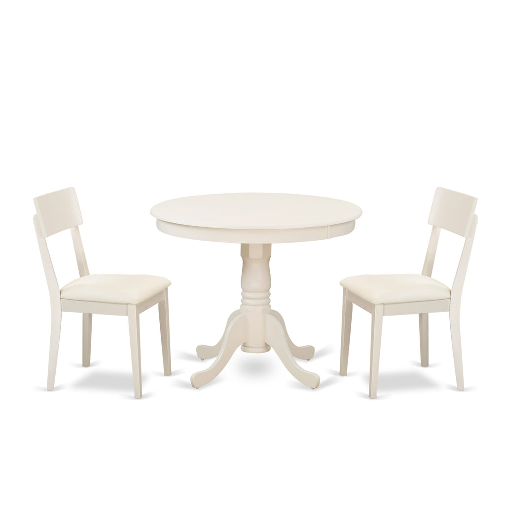 ANAD3-AG4-VF Round Pedestal Table Set with Faux Leather Chairs, 3 Piece Ensemble, 36x36 Linen White