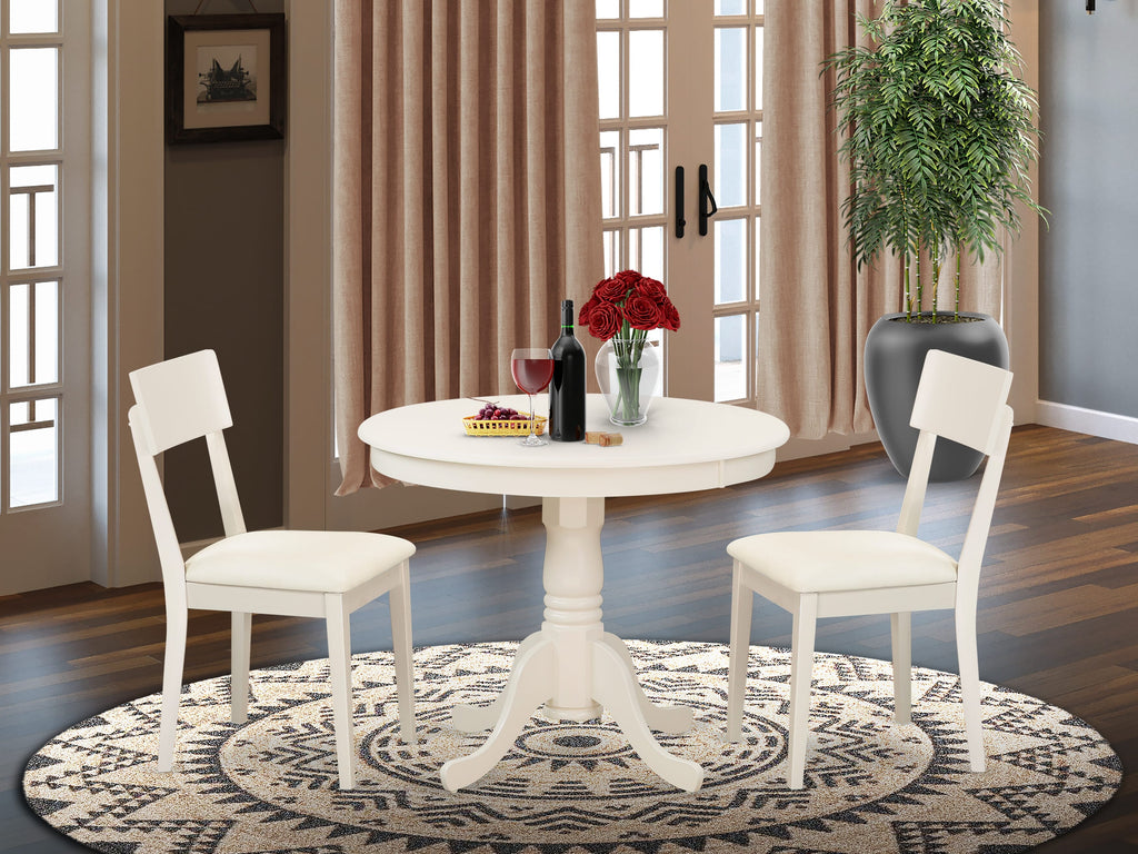 ANAD3-AG4-VF Round Pedestal Table Set with Faux Leather Chairs, 3 Piece Ensemble, 36x36 Linen White