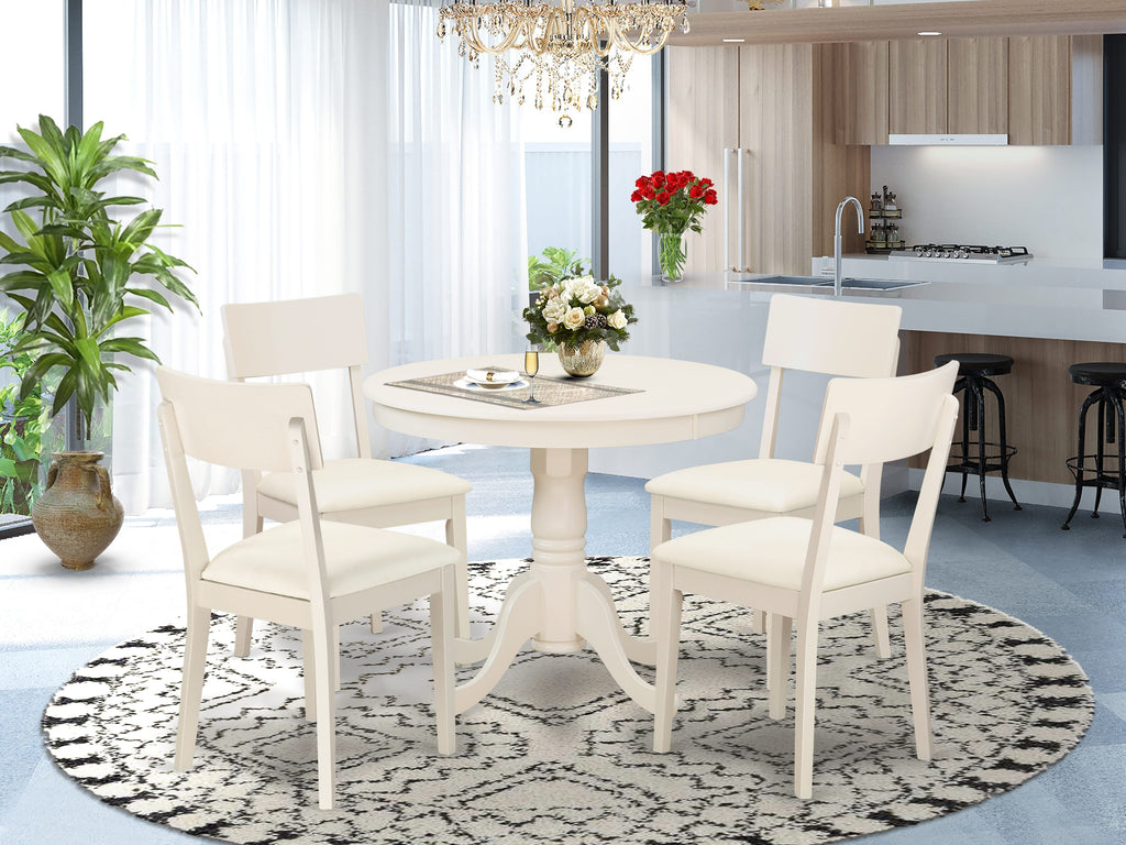 ANAD5-FCR-76 5-Piece Round Dining Set with Pedestal Table and 4 Faux Leather Chairs, Linen White, 36x36