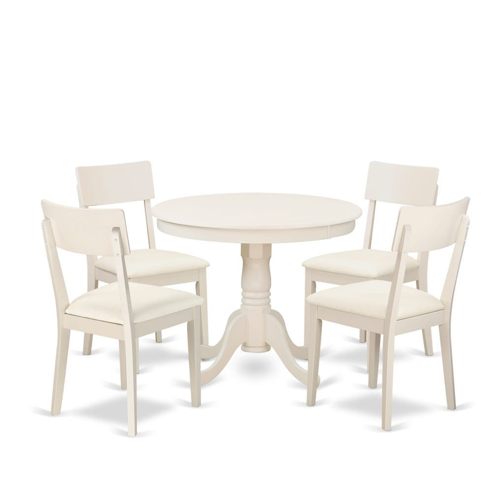 ANAD5-FCR-76 5-Piece Round Dining Set with Pedestal Table and 4 Faux Leather Chairs, Linen White, 36x36