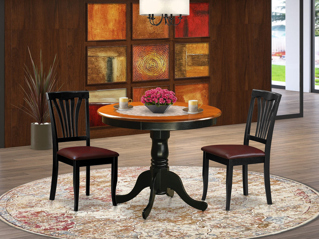 ANAV3-342-3S Chic 3-Piece Dining Set with Round Table & Faux Leather Upholstered Chairs - Black & Cherry 36