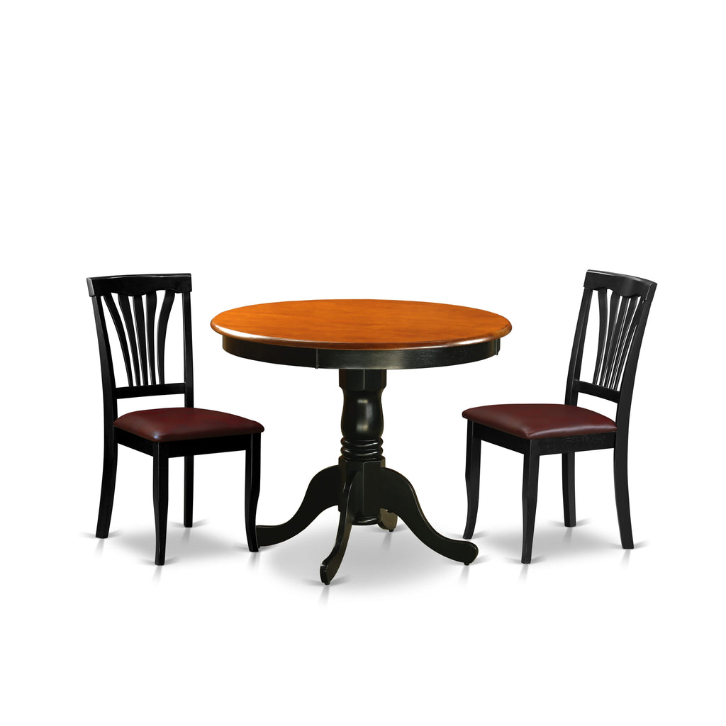 ANAV3-342-3S Chic 3-Piece Dining Set with Round Table & Faux Leather Upholstered Chairs - Black & Cherry 36