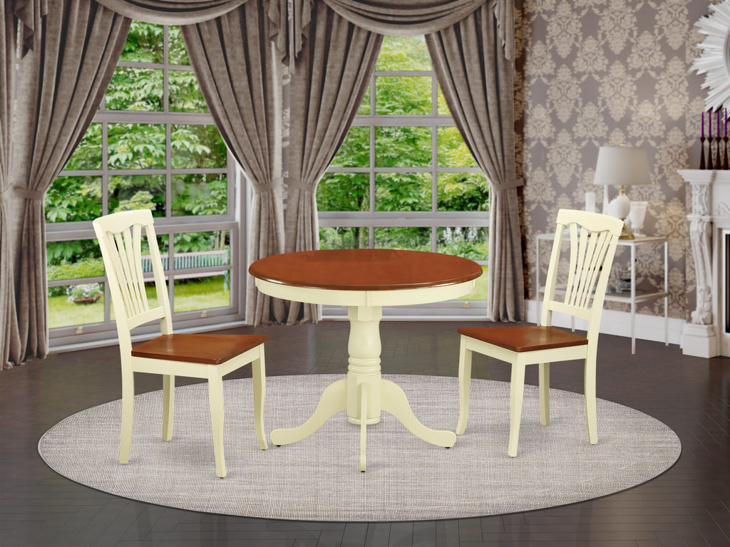 ANAV3-NDA-D Three-Piece Round Table Dining Collection for Cozy Areas with Pedestal and Two Chairs, Buttermilk & Cherry Finish