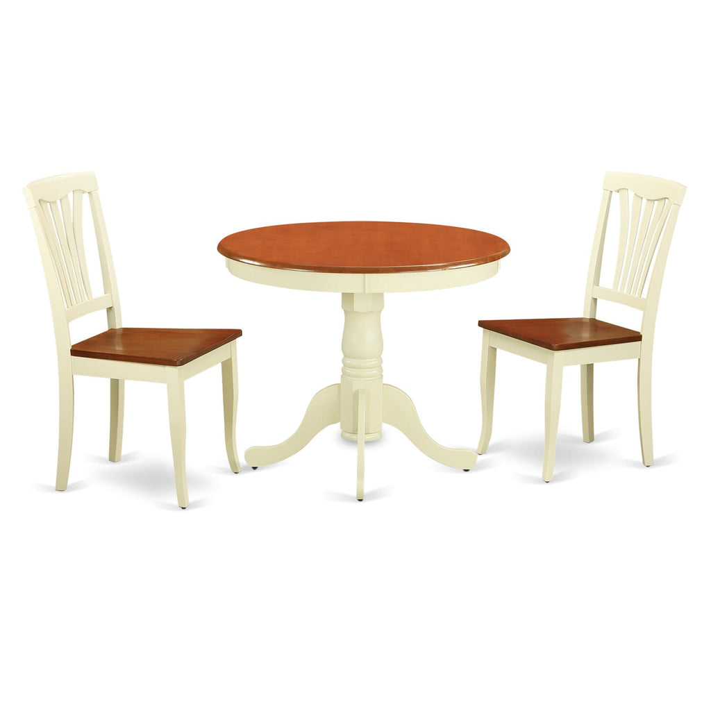 ANAV3-NDA-D Three-Piece Round Table Dining Collection for Cozy Areas with Pedestal and Two Chairs, Buttermilk & Cherry Finish