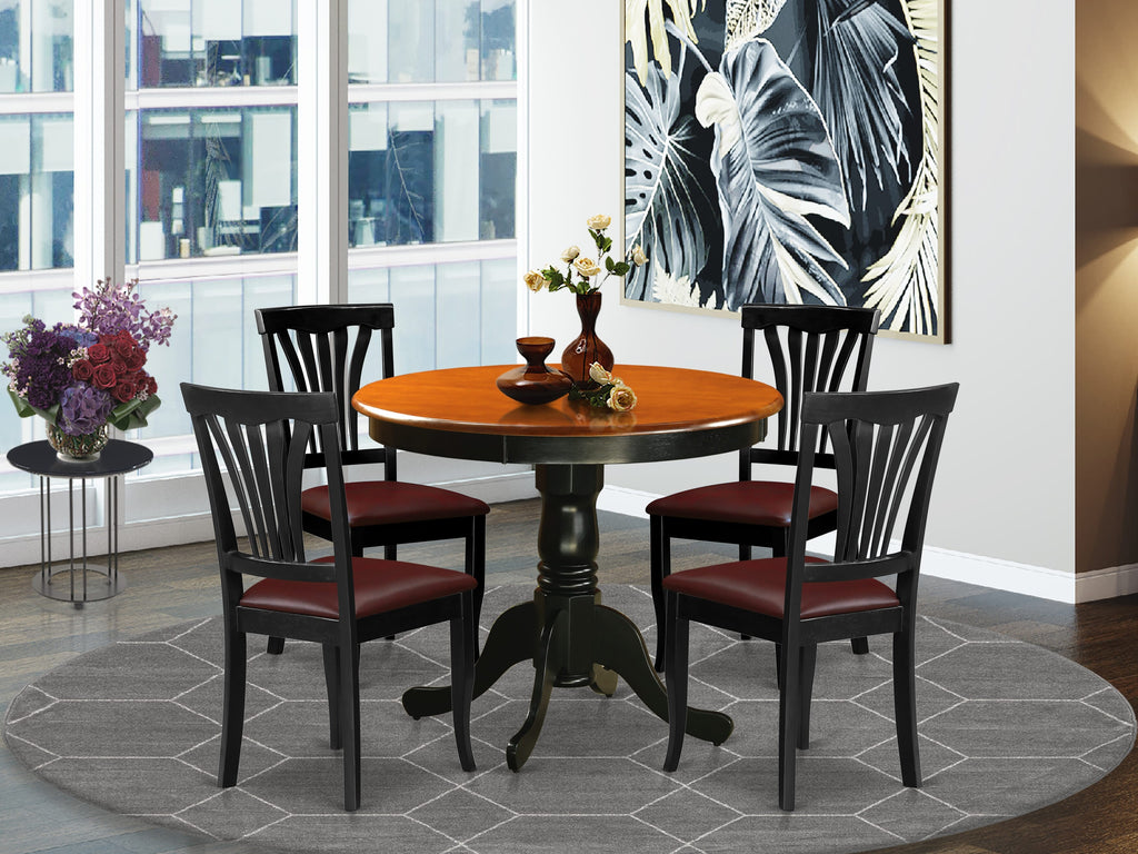 Item ANAV5-39D-G3 5 Piece Dining Set with Pedestal Table and 4 Chairs in Faux Leather, 36 Black & Cherry