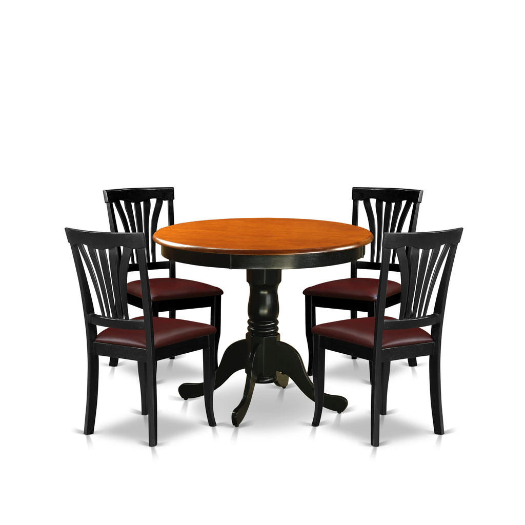 Item ANAV5-39D-G3 5 Piece Dining Set with Pedestal Table and 4 Chairs in Faux Leather, 36 Black & Cherry