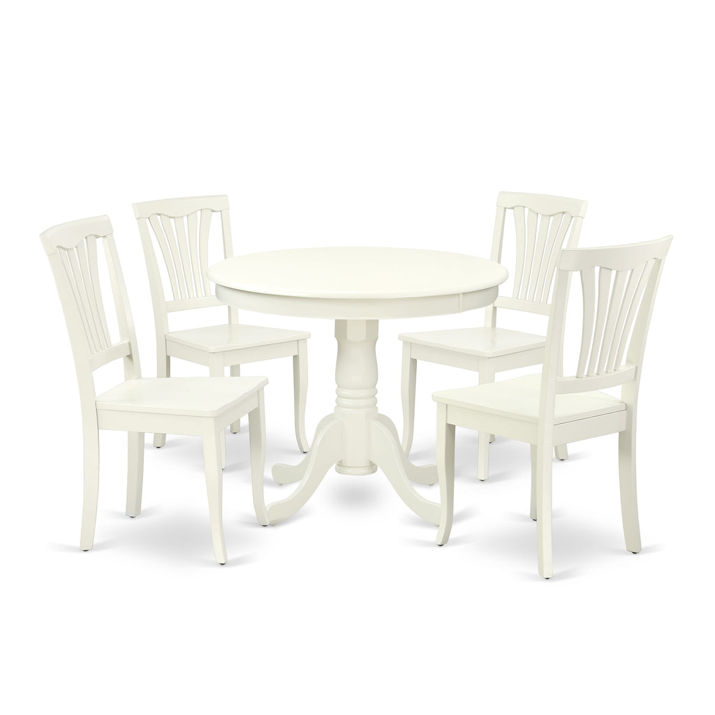 ANAV5-RDW-B 5-Piece Round Dining Set with Pedestal Table and Four Linen White Chairs, 36x36 Inch