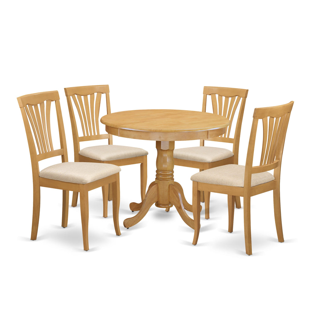 ANAV5-PCZ-L 5 Piece Dining Ensemble with Rounded Table and Linen Chairs for Four in Oak Finish