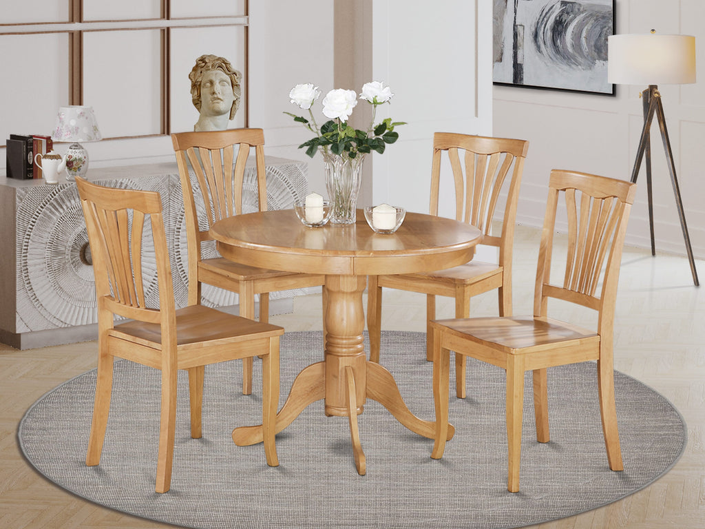 Elegant Dining Room Set ANAV5-WXY-1 Round Pedestal Table & Four Chairs, 36x36 Oak 5-Piece Collection