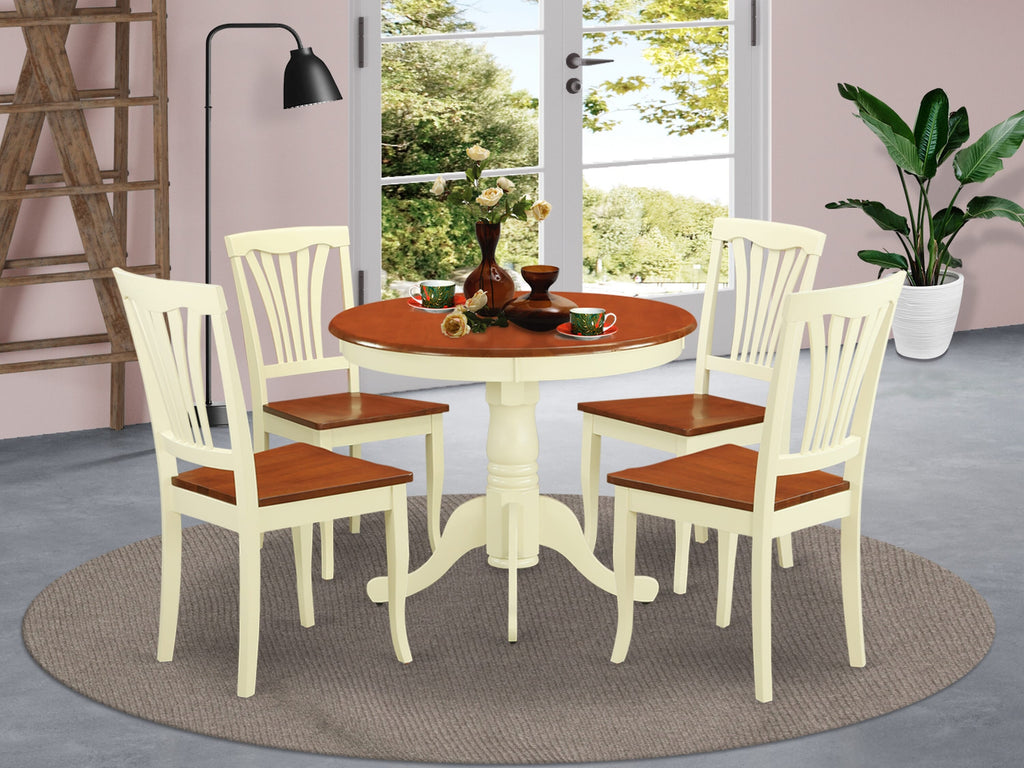 ANAV5-ASY-S Dining Ensemble with Round Table and Four Chairs, Buttermilk & Cherry Finish, 36x36