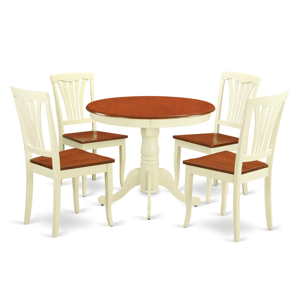 ANAV5-ASY-S Dining Ensemble with Round Table and Four Chairs, Buttermilk & Cherry Finish, 36x36