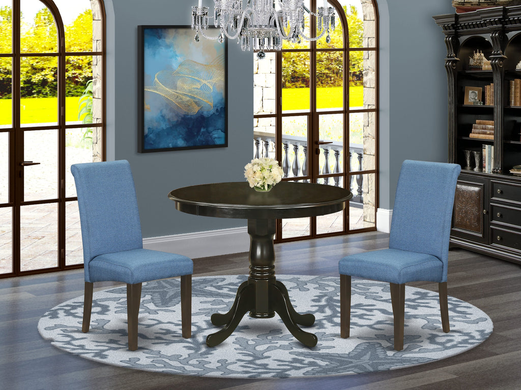 ANBA3-I1R-6A 3-Piece Dining Set Round Table with Pedestal + 2 Linen Upholstered Parson Chairs, Cappuccino
