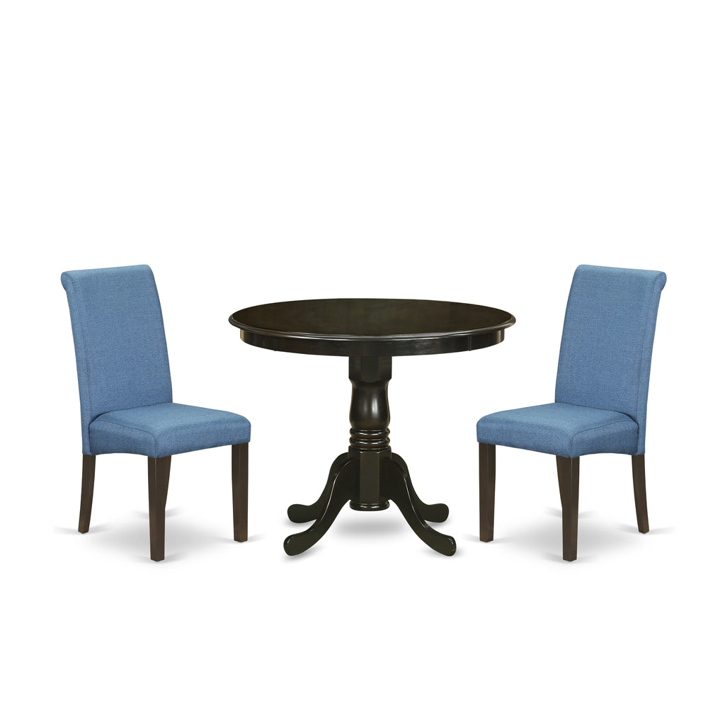ANBA3-I1R-6A 3-Piece Dining Set Round Table with Pedestal + 2 Linen Upholstered Parson Chairs, Cappuccino