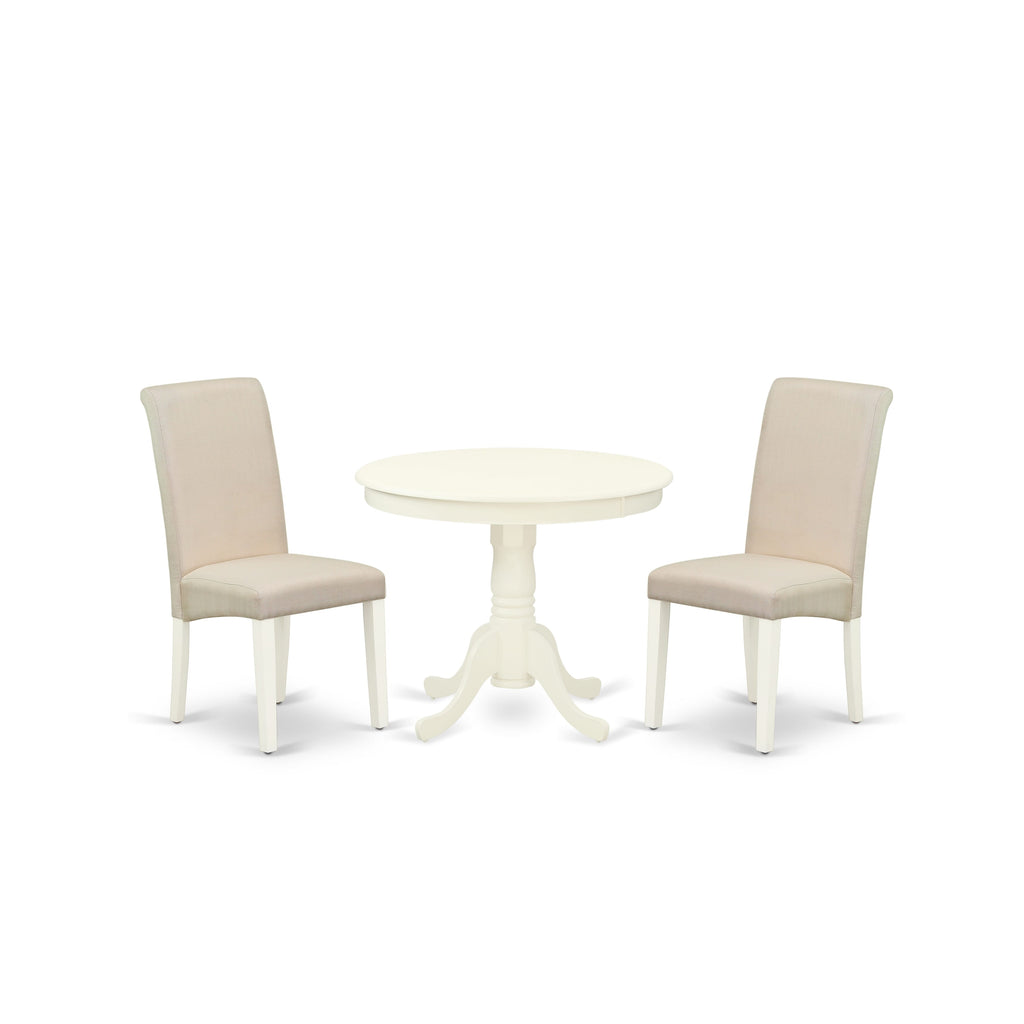 ANBA3-33G-KG 3-Piece Compact Dining Set with Round Table & 2 Elegant Chairs in Cream Linen