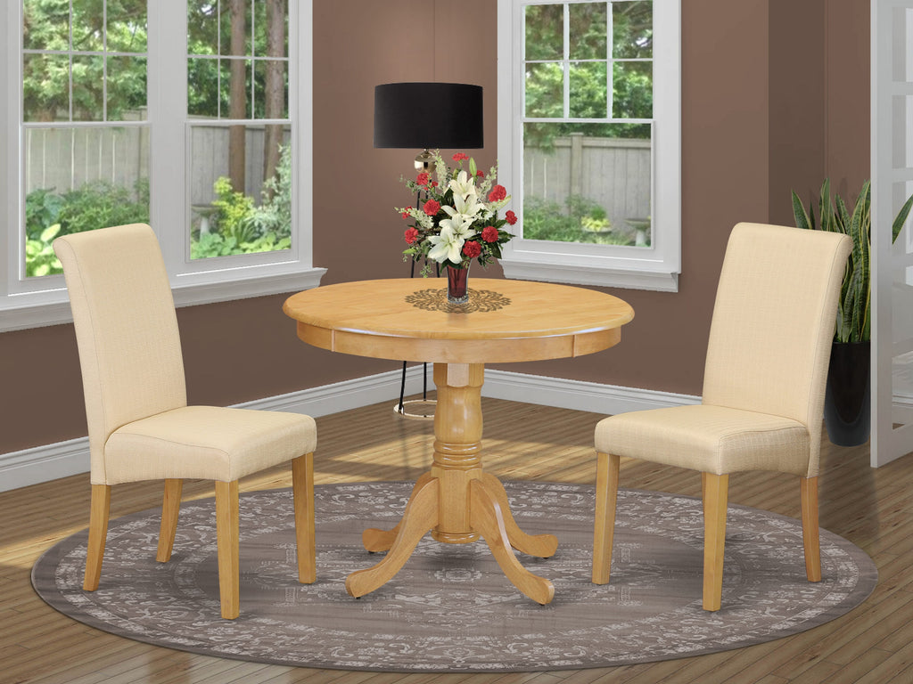 ANBA3-V27-13 Dining Ensemble 3-Piece Set Featuring Round Pedestal Table & Two Linen Chairs, Oak Finish, 36