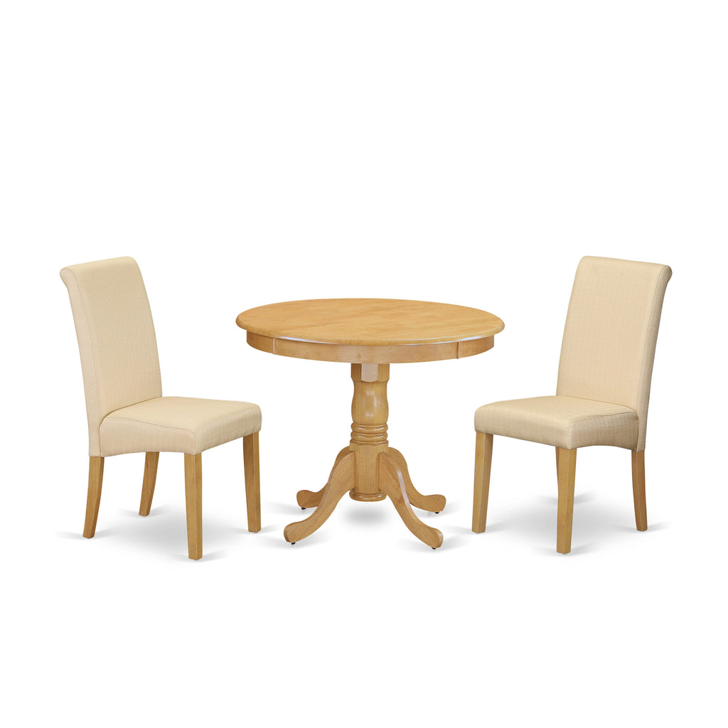 ANBA3-V27-13 Dining Ensemble 3-Piece Set Featuring Round Pedestal Table & Two Linen Chairs, Oak Finish, 36