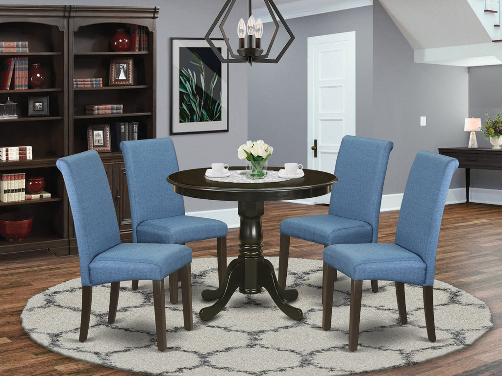 ANBA5-F8Z-AZ Stylish 5-Piece Dining Set Round Table & Blue Fabric Chairs for Four, 36 Cappuccino Finish