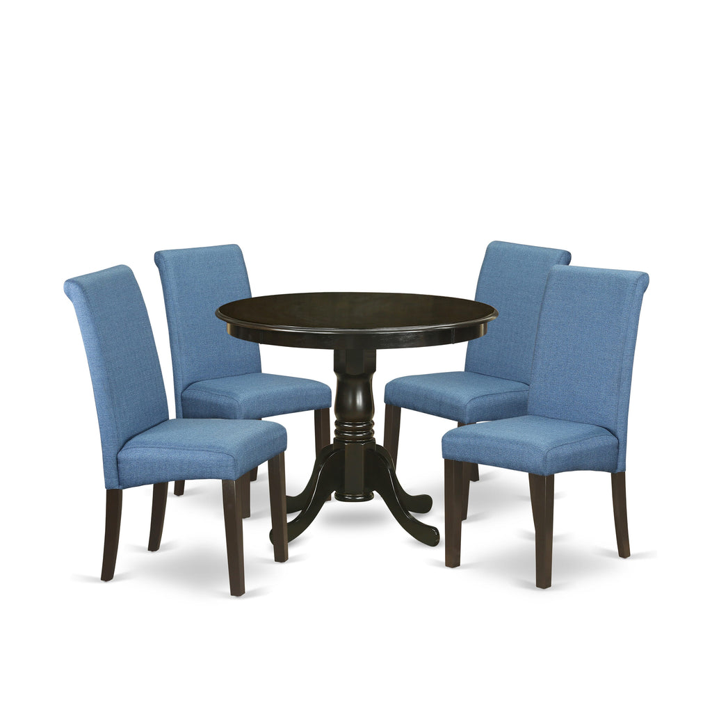 ANBA5-F8Z-AZ Stylish 5-Piece Dining Set Round Table & Blue Fabric Chairs for Four, 36 Cappuccino Finish