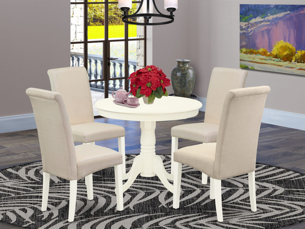 ANBA5-T6J-HD 5 Piece Dining Set with Round Pedestal Table and Cream Linen Chairs, 36-Inch, Linen White Finish