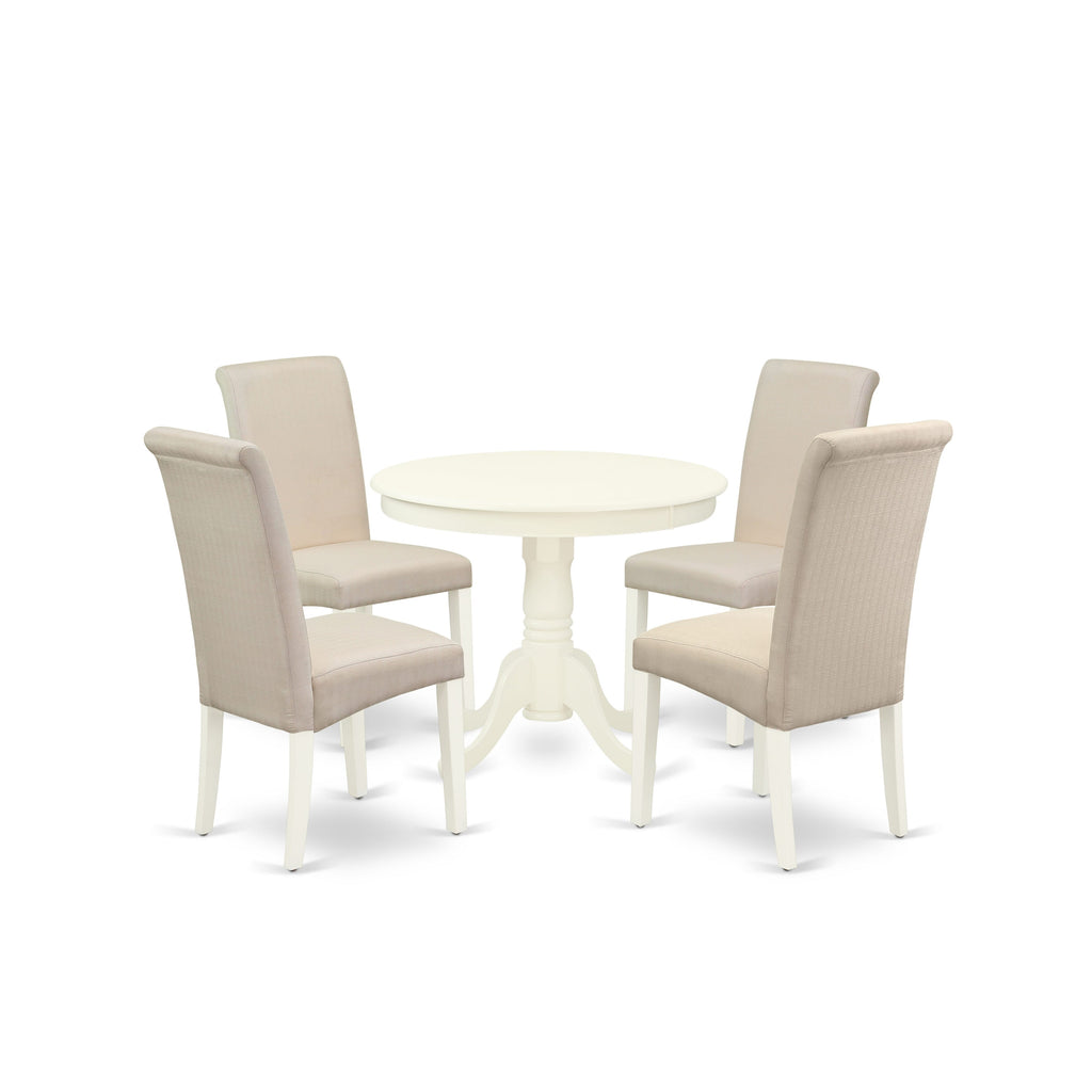 ANBA5-T6J-HD 5 Piece Dining Set with Round Pedestal Table and Cream Linen Chairs, 36-Inch, Linen White Finish