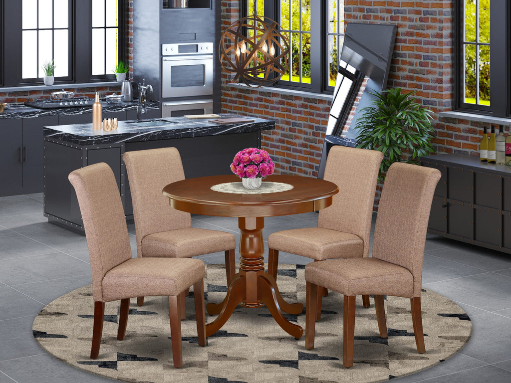 ANBA5-RUS-MJ Elegant Mahogany 5-Piece Set with Round Table & 4 Cozy Brown Chairs – Ideal Dining Solution