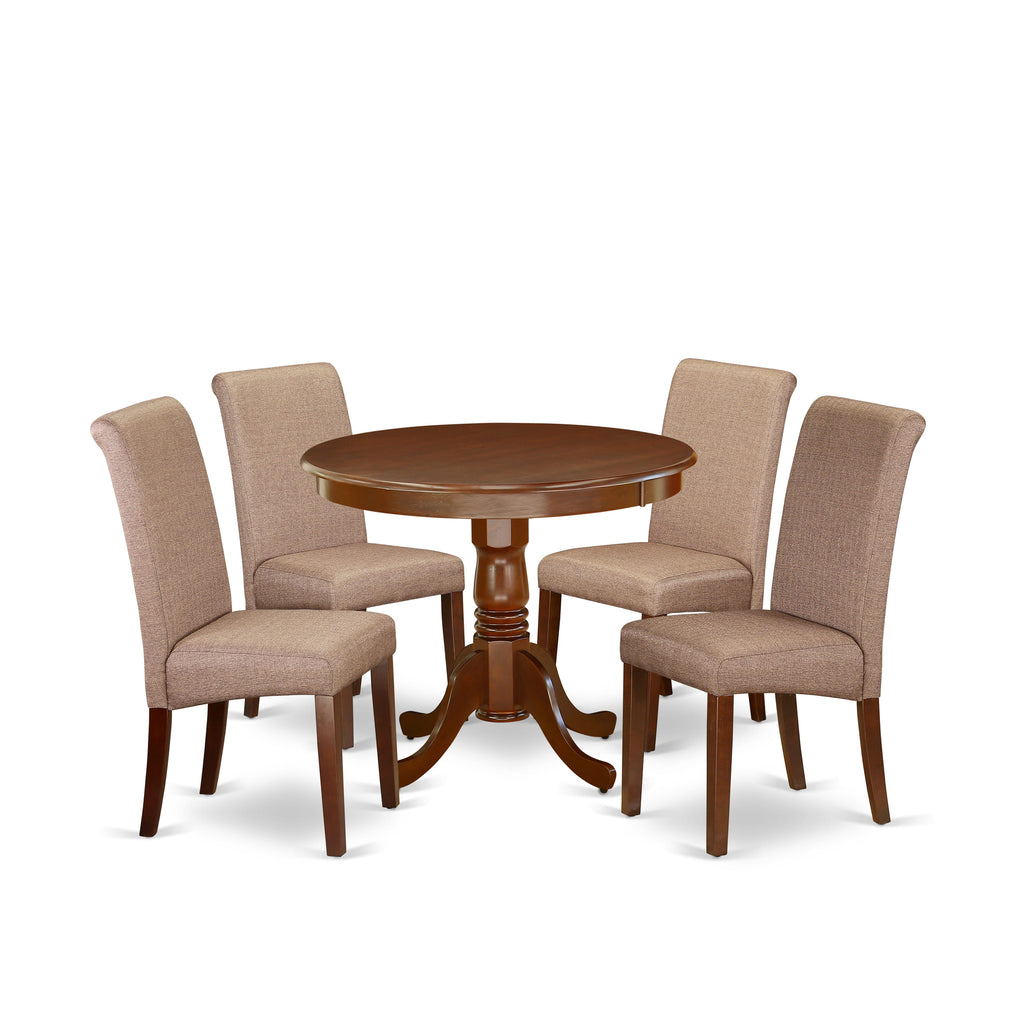 ANBA5-RUS-MJ Elegant Mahogany 5-Piece Set with Round Table & 4 Cozy Brown Chairs – Ideal Dining Solution
