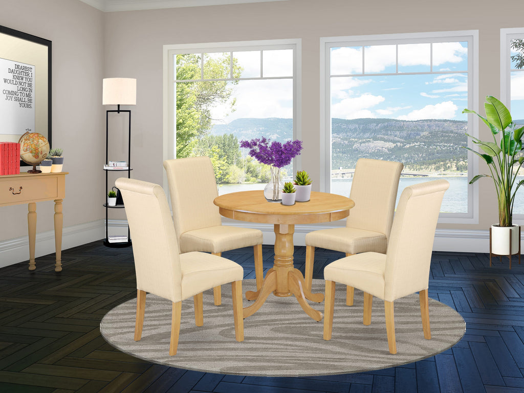 ANBA5-SIV-VD 5 Piece Dining Collection Pedestal Round Kitchen Table & 4 Light Beige Chairs