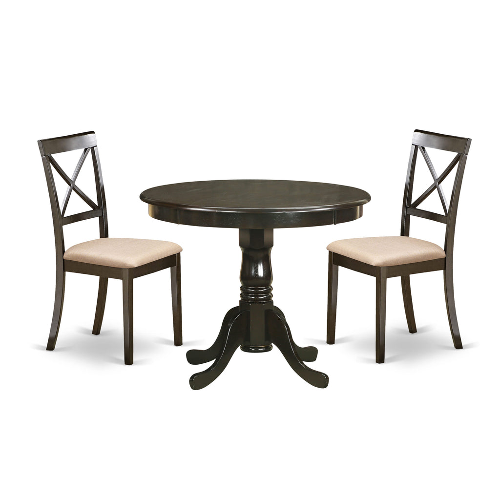 ANBO3-NA4-1 Cozy Dining Set Compact 3 Piece Set with Round Table and Two Linen Chairs, Perfect for Small Kitchens, Cappuccino Finish