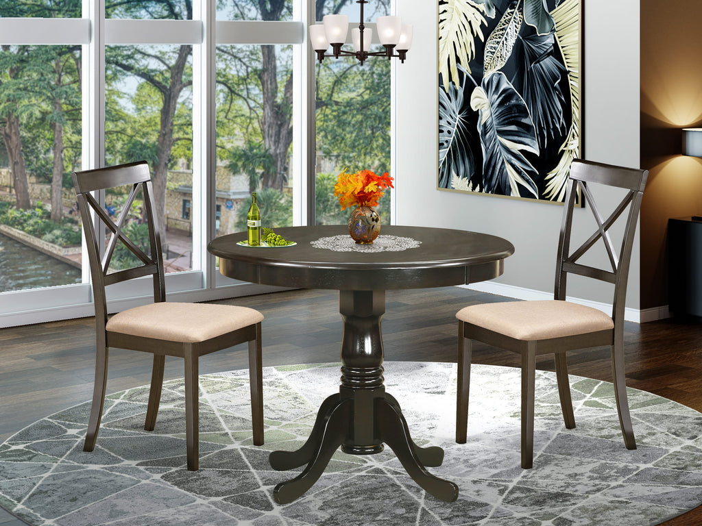 ANBO3-NA4-1 Cozy Dining Set Compact 3 Piece Set with Round Table and Two Linen Chairs, Perfect for Small Kitchens, Cappuccino Finish
