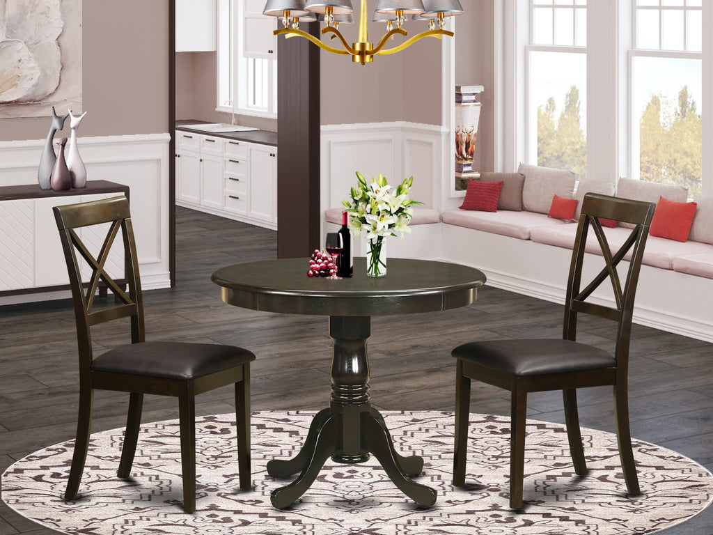 ANBO3-QRA-GM 3-Piece Space-Saving Round Dining Set with Pedestal and 2 Leather Chairs, 36-Inch Cappuccino Table