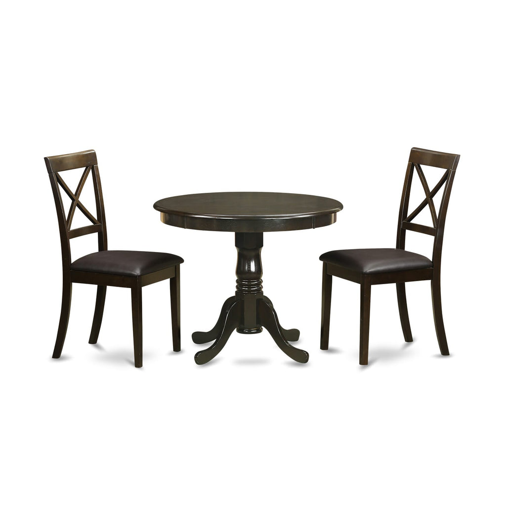 ANBO3-QRA-GM 3-Piece Space-Saving Round Dining Set with Pedestal and 2 Leather Chairs, 36-Inch Cappuccino Table