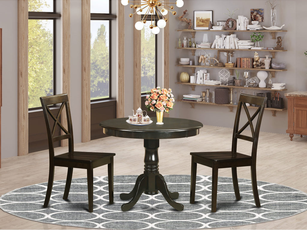 Charming ANBO3-OYN-I 3 Piece Dialog Table and Chairs Set with Pedestal, 2 Wood Chairs, Cappuccino 36x36