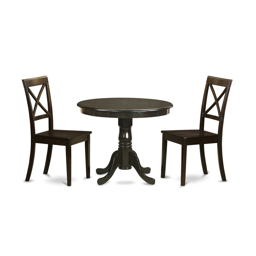 Charming ANBO3-OYN-I 3 Piece Dialog Table and Chairs Set with Pedestal, 2 Wood Chairs, Cappuccino 36x36