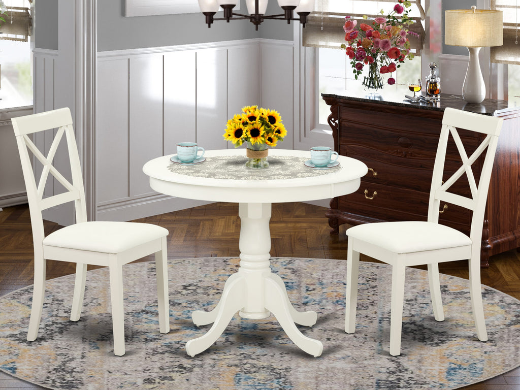 ANBO3-ZFT-F9 Round 3-Piece Dining Set with Pedestal Table & Leatherette Chairs, Linen White, 36