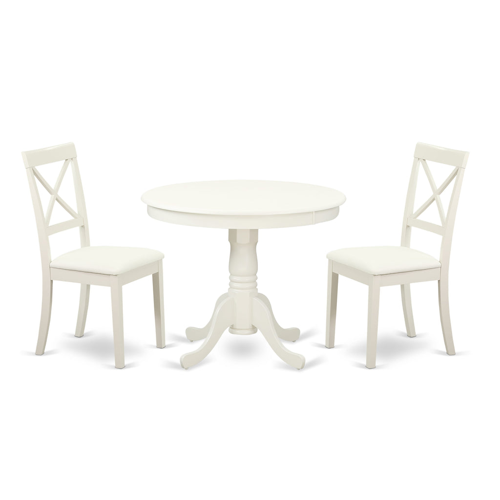 ANBO3-ZFT-F9 Round 3-Piece Dining Set with Pedestal Table & Leatherette Chairs, Linen White, 36