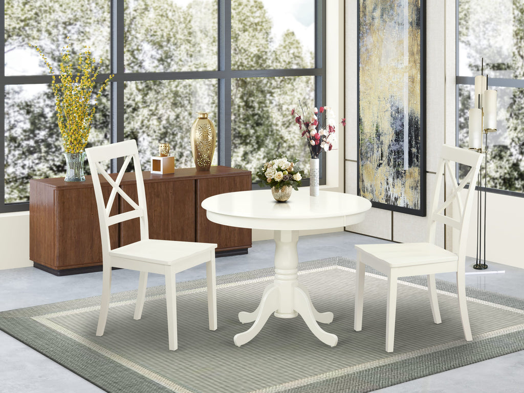 Elegant ANBO3-TIE-T 3 Piece Round Dining Room Set Pedestal Table & 2 Chairs, Linen Finish, 36 Diameter