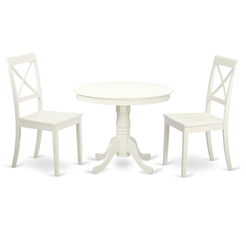 Elegant ANBO3-TIE-T 3 Piece Round Dining Room Set Pedestal Table & 2 Chairs, Linen Finish, 36 Diameter