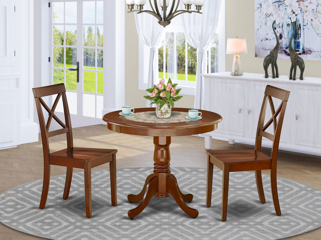 ANBO3-4K2-L 3-Piece Dining Ensemble with Circular Pedestal Table and Two Chairs, 36-Inch, Warm Brown Finish