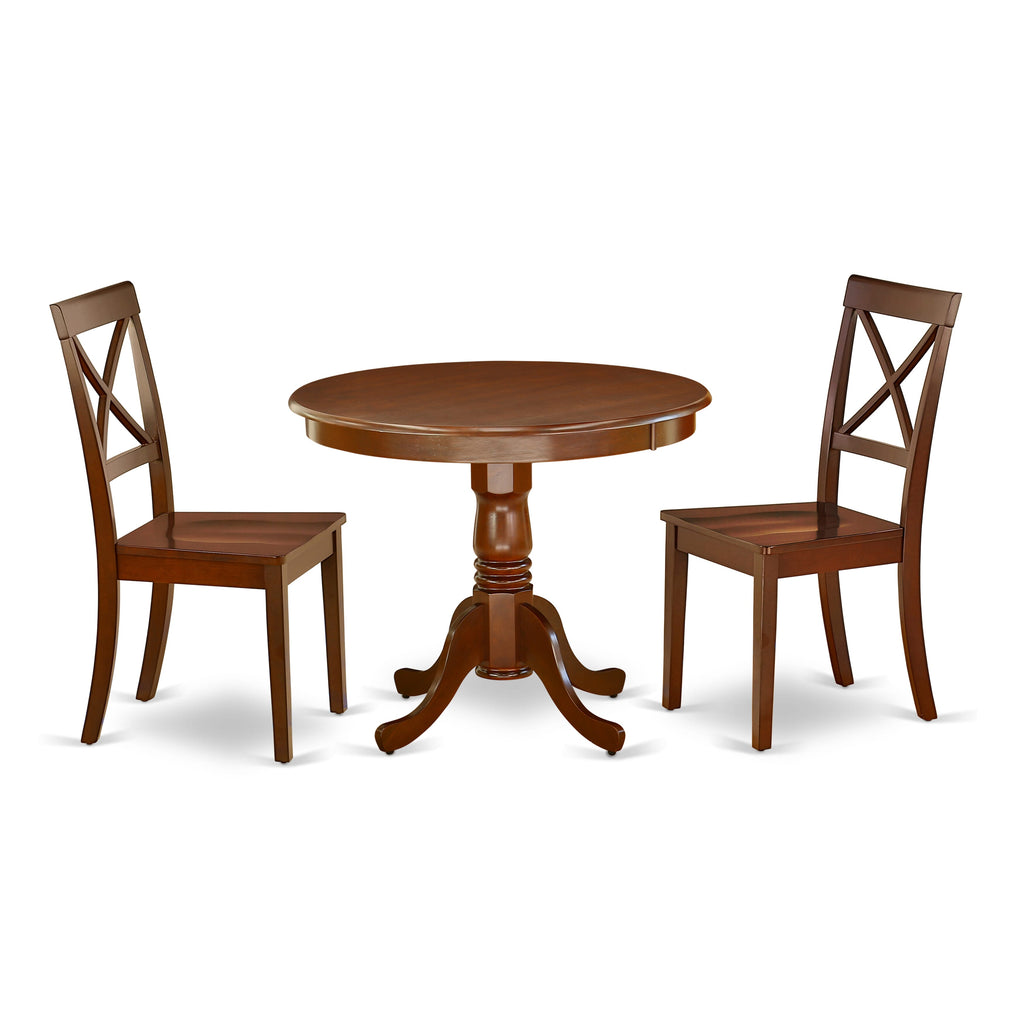 ANBO3-4K2-L 3-Piece Dining Ensemble with Circular Pedestal Table and Two Chairs, 36-Inch, Warm Brown Finish